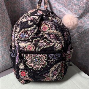 Vera Bradley Quilted Mini Backpack in Black with Pastel Paisley